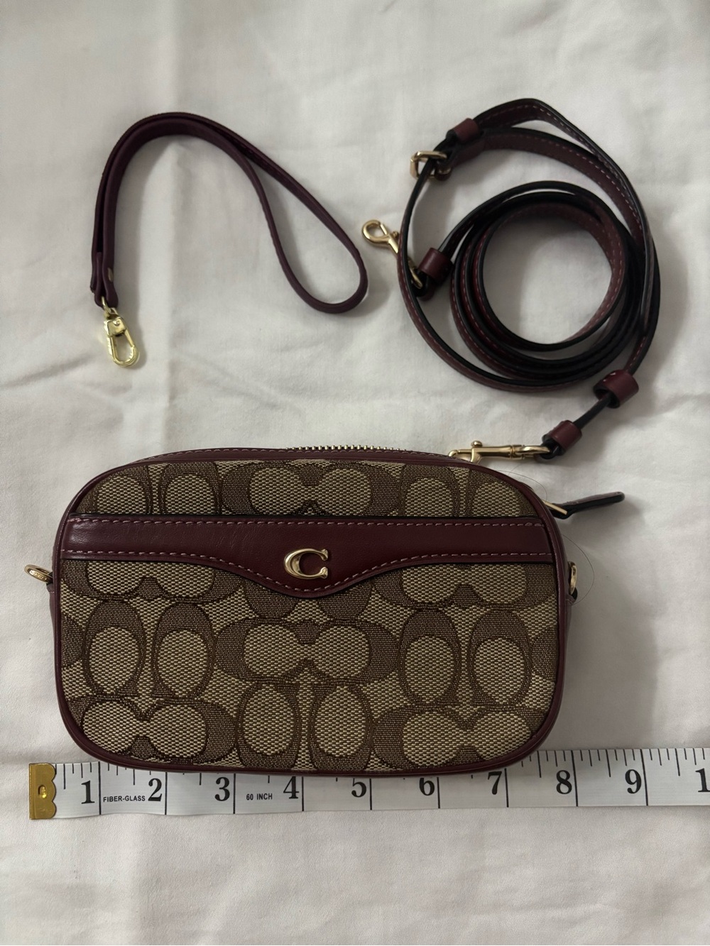 Coach Mini Crossbody in Brown Canvas with Burgundy Trim